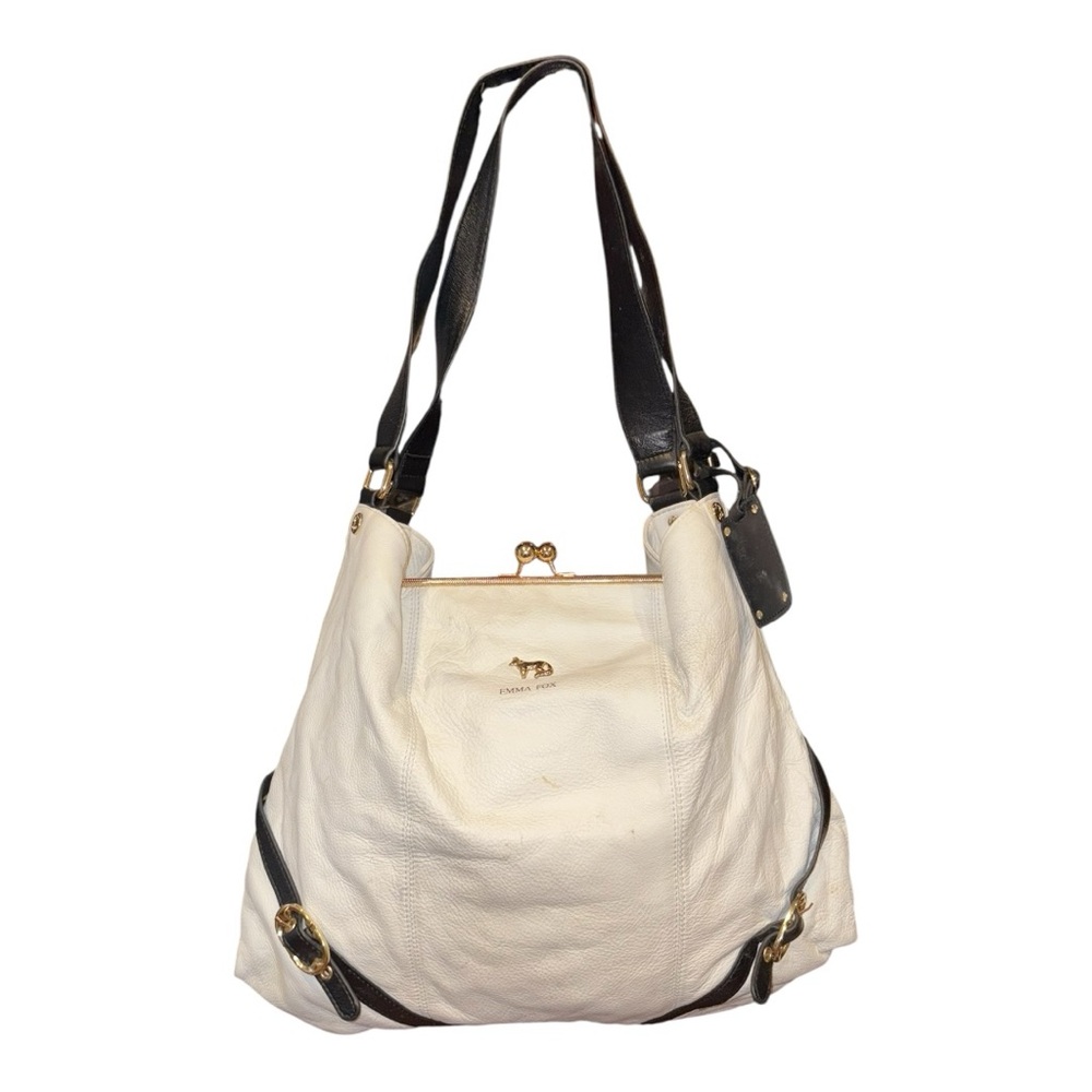 Emma Fox White Pebbled Leather Shoulder Bag with Black Trim & Gold Hardware B18